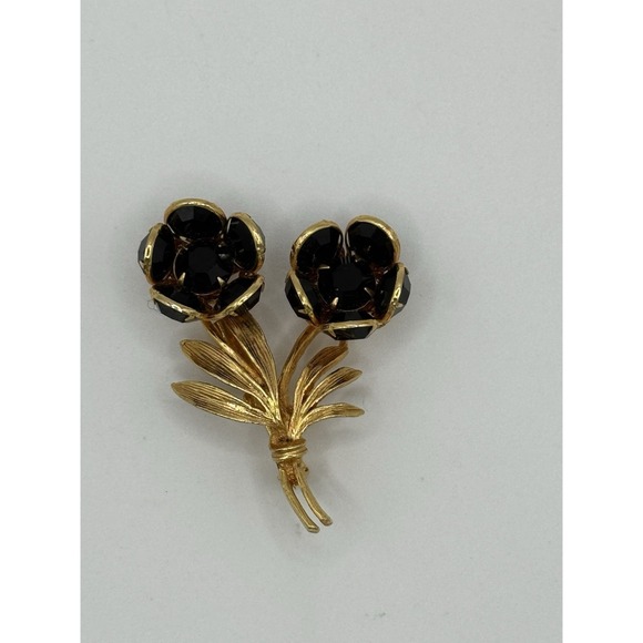 Vintage Black Crystal Gold Tone Flower Bouquet Brooch - Picture 1 of 11